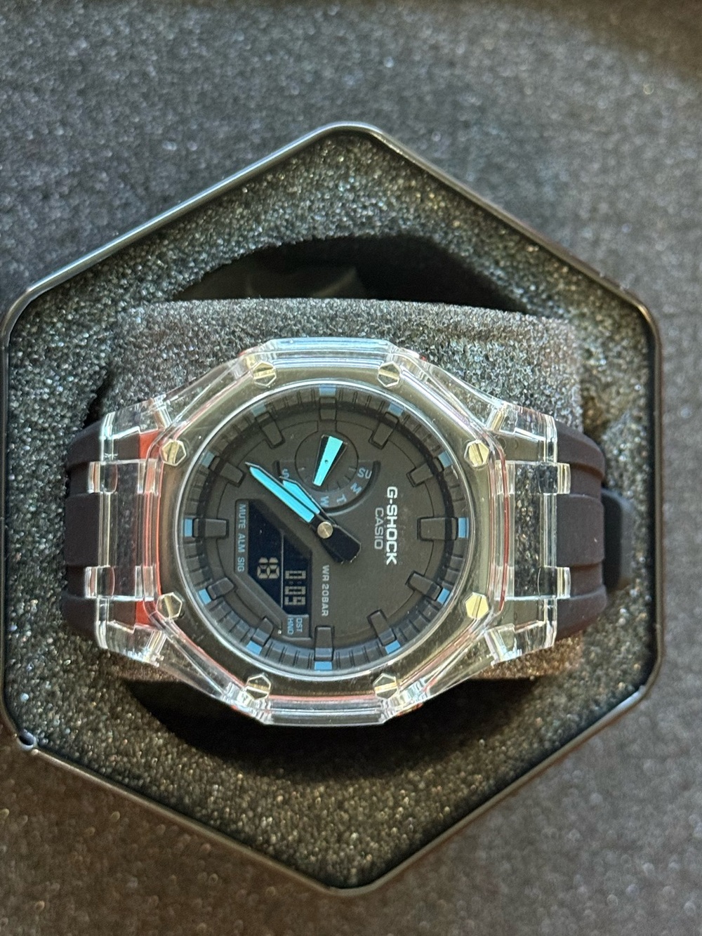 G-Shock Transparent Case Black Dial Watch with Blue Hands